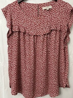 LOFT Red and White Floral Ruffle Cap-Sleeve Blouse